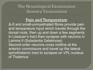 Pain and Temperature
 A-δ and small-unmyelinated fibres provide pain
and temperature input which travels through the
dorsal roots, then up and down a few segments
in Lissauer’s tract then synapse with neurons in
Lamina II (Substantia Gelatinosa)
 Second-order neurons cross midline at the
anterior commissure and travel up the lateral
spinothalamic tract to synapse on VPL nucleus
of Thalamus
 