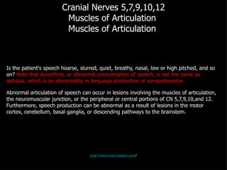 Cranial Nerves 5,7,9,10,12 Muscles of Articulation  Muscles of Articulation  Is the patient's speech hoarse, slurred, quiet, breathy, nasal, low or high pitched, and so on?  Note that dysarthria, or abnormal pronunciation of speech, is not the same as aphasia, which is an abnormality in language production or comprehension. Abnormal articulation of speech can occur in lesions involving the muscles of articulation, the neuromuscular junction, or the peripheral or central portions of CN 5,7,9,10,and 12. Furthermore, speech production can be abnormal as a result of lesions in the motor cortex, cerebellum, basal ganglia, or descending pathways to the brainstem. http://www.neuroexam.com / 