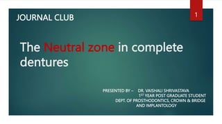 The Neutral zone in complete
dentures
JOURNAL CLUB
PRESENTED BY – DR. VAISHALI SHRIVASTAVA
1ST YEAR POST GRADUATE STUDENT
DEPT. OF PROSTHODONTICS, CROWN & BRIDGE
AND IMPLANTOLOGY
1
 