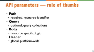 15
API parameters — rule of thumbs
• Path
• required, resource identifier
• Query
• optional, query collections
• Body
• resource specific logic
• Header
• global, platform-wide
 
