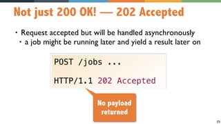 25
Not just 200 OK! — 202 Accepted
• Request accepted but will be handled asynchronously
• a job might be running later and yield a result later on
POST /jobs ...
HTTP/1.1 202 Accepted
No payload
returned
 