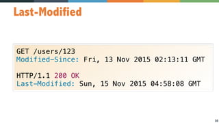 30
Last-Modified
GET /users/123
Modified-Since: Fri, 13 Nov 2015 02:13:11 GMT
HTTP/1.1 200 OK
Last-Modified: Sun, 15 Nov 2015 04:58:08 GMT
 