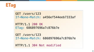 31
ETag
GET /users/123
If-None-Match: a456ef544eeb7333af
HTTP/1.1 200 OK
ETag: 686897696a7c876b7e
GET /users/123
If-None-Match: 686897696a7c876b7e
HTTP/1.1 304 Not modified
 
