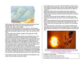 18 
Other people are hunters of the fog; they build constructions that 
look like boat sails in order to catch humidity of the air.’ 
‘Really? How does it work exactly?’ 
‘People have collected fog to drink for centuries. Two thousand 
years ago, writers described how inhabitants of the Canary Islands 
gathered fog droplets trapped by trees. Today, the stones are still 
here. 
In Chile, today a fog collector supplies 700 people with 15,000 
liters of water every day. 
The collection of air humidity existed since prehistoric times. The 
most impressive example is a dew pond found at Theodosia, a 
Byzantine city dating to about 500 BC. Pipes collected water to the 
town from a hill where 13 piles of limestone, 40 feet tall and 100 
feet square, collected about 14,000 gallons of water every day. 
Dew Ponds are made by covering hollow pond (3 feet deep –30 or 
more feet wide) with a coating of dry straw. Then the straw in turn 
is covered by a layer of clay, which is strewn with stones. 
During the hot day, the earth stores a considerable amount of heat, 
while the pond, protected from this heat by the non-conductivity of 
the straw, is chilled by the process of evaporation from the puddled 
clay. During the night the warm air is condensed on the surface of 
the cold clay. Water gradually fills the pond on top night after night. 
Even trees are smart. The fountain trees permit inhabitants or dry 
areas to have constant reserves of water. 
Fog droplets are tiny, you see, 1-40 micrometers, and they have a 
slow velocity, they go less than1-5cm/s, which allows fog to travel 
horizontally and permits vertical structures like trees to collect its 
moisture. 
Allah has made humans and animals such clever creatures. 
Many desert plants are succulents and they store water in their 
swollen stems or leaves; they often catch the water from the fog or 
morning dew. 
Insects too have turned into fog collectors, and they may have 
been those showing the way to do it since humans always imitate 
nature. 
See, a desert beetle turns fog into drinking water with its wings. He 
faces into the wind with its wings aloft. Fog droplets stick to the 
wings. When they are big enough, they roll down into the beetle's 
mouth. 
For the same reason, cool stones or any exposed metal surface 
will collect dew overnight as the temperature drops. The desert is a 
perfect place for that since it is very cold at night and hot during the 
day. 
The bare earth, plantless, waterless, is an immense puzzle. In the forests 
or beside rivers everything speaks to humans. The desert does not speak. 
I could not comprehend its tongue; its silence.... 
- Pablo Neruda 
ANIMALS AND WATER: 
Elephants can smell water up to 3 miles away! 
An elephant's trunk can hold 2 gallons of water! 
Cockroaches can survive under water for up to 15 minutes 
 