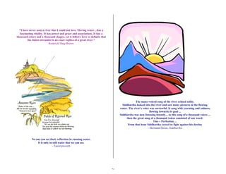 24 
"I have never seen a river that I could not love. Moving water…has a 
fascinating vitality. It has power and grace and associations. It has a 
thousand colors and a thousand shapes, yet it follows laws so definite that 
the tiniest streamlet is an exact replica of a great river." 
Roderick Haig-Brown 
No one can see their reflection in running water. 
It is only in still water that we can see. 
- Taoist proverb 
The many-voiced song of the river echoed softly. 
Siddhartha looked into the river and saw many pictures in the flowing 
water. The river's voice was sorrowful. It sang with yearning and sadness, 
flowing towards its goal ... 
Siddhartha was now listening intently... to this song of a thousand voices ... 
then the great song of a thousand voices consisted of one word: 
Om -- Perfection ... 
From that hour Siddhartha ceased to fight against his destiny 
- Hermann Hesse, Siddhartha 
 