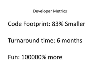 Developer Metrics
Code Footprint: 83% Smaller
Turnaround time: 6 months
Fun: 100000% more
 