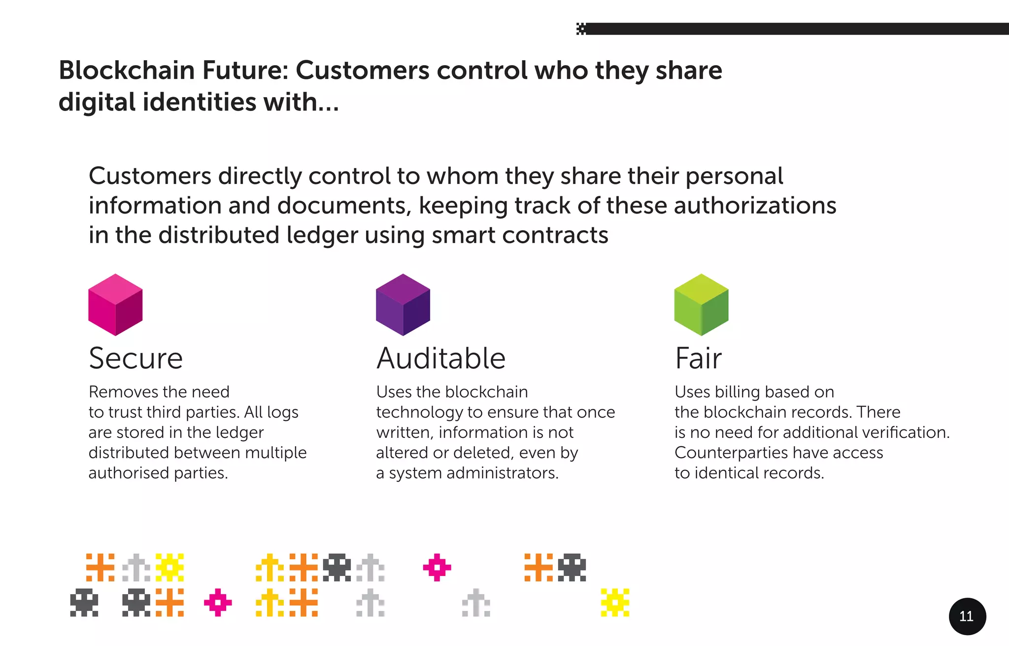 Blockchain Future: Customers control who they share
digital identities with…
11
Removes the need
to trust third parties. All logs
are stored in the ledger
distributed between multiple
authorised parties.
Secure
Customers directly control to whom they share their personal
information and documents, keeping track of these authorizations
in the distributed ledger using smart contracts
Uses the blockchain
technology to ensure that once
written, information is not
altered or deleted, even by
a system administrators.
Auditable
Uses billing based on
the blockchain records. There
is no need for additional veriﬁcation.
Counterparties have access
to identical records.
Fair
 