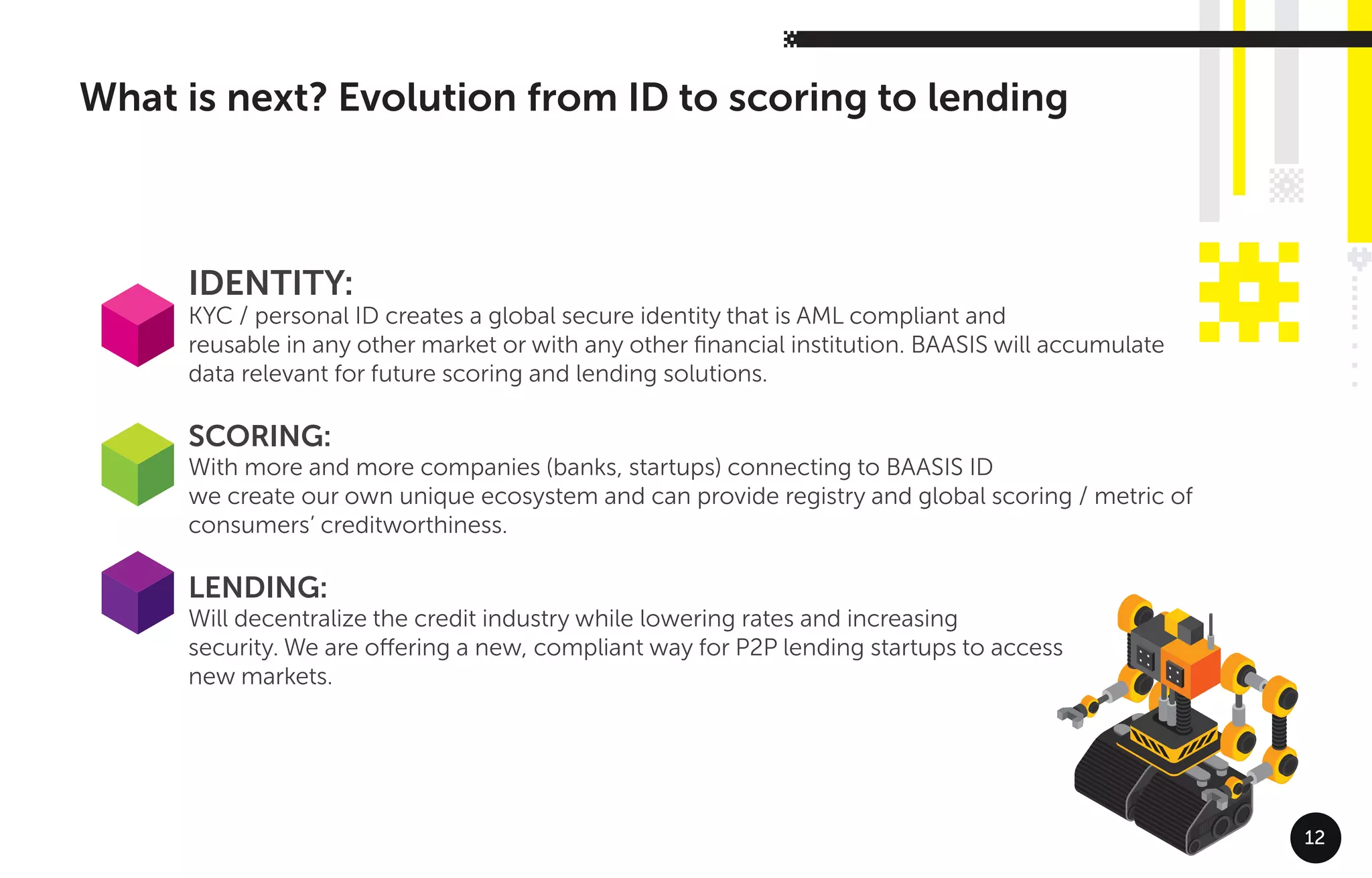What is next? Evolution from ID to scoring to lending
12
IDENTITY:
KYC / personal ID creates a global secure identity that is AML compliant and
reusable in any other market or with any other ﬁnancial institution. BAASIS will accumulate
data relevant for future scoring and lending solutions.
SCORING:
With more and more companies (banks, startups) connecting to BAASIS ID
we create our own unique ecosystem and can provide registry and global scoring / metric of
consumers’ creditworthiness.
LENDING:
Will decentralize the credit industry while lowering rates and increasing
security. We are oﬀering a new, compliant way for P2P lending startups to access
new markets.
 