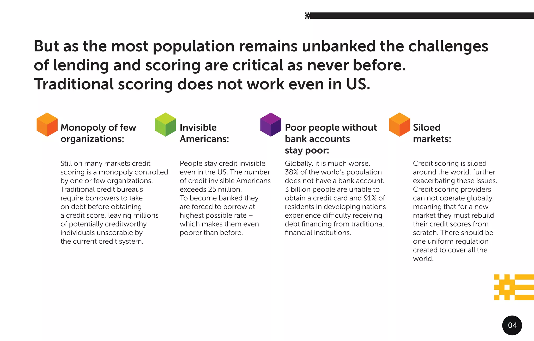 04
But as the most population remains unbanked the challenges
of lending and scoring are critical as never before.
Traditional scoring does not work even in US.
Monopoly of few
organizations:
Still on many markets credit
scoring is a monopoly controlled
by one or few organizations.
Traditional credit bureaus
require borrowers to take
on debt before obtaining
a credit score, leaving millions
of potentially creditworthy
individuals unscorable by
the current credit system.
People stay credit invisible
even in the US. The number
of credit invisible Americans
exceeds 25 million.
To become banked they
are forced to borrow at
highest possible rate –
which makes them even
poorer than before.
Globally, it is much worse.
38% of the world’s population
does not have a bank account.
3 billion people are unable to
obtain a credit card and 91% of
residents in developing nations
experience diﬃculty receiving
debt ﬁnancing from traditional
ﬁnancial institutions.
Credit scoring is siloed
around the world, further
exacerbating these issues.
Credit scoring providers
can not operate globally,
meaning that for a new
market they must rebuild
their credit scores from
scratch. There should be
one uniform regulation
created to cover all the
world.
Invisible
Americans:
Poor people without
bank accounts
stay poor:
Siloed
markets:
 