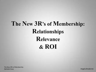 The New 3R’s of Membership:RelationshipsRelevance& ROI The New 3R’s of Membership Alphabet Soup Angela Broderick 
