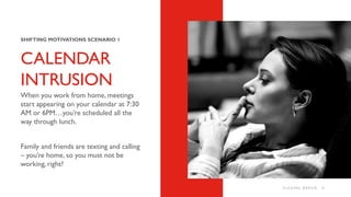CALENDAR
INTRUSION
SHIFTING MOTIVATIONS SCENARIO 1
27
When you work from home, meetings
start appearing on your calendar a...