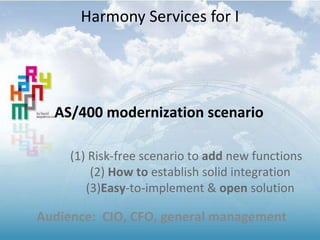 (1) Risk-free scenario to add new functions
(2) How to establish solid integration
(3)Easy-to-implement & open solution
AS/400 modernization scenario
Audience: CIO, CFO, general management
Harmony Services for I
 