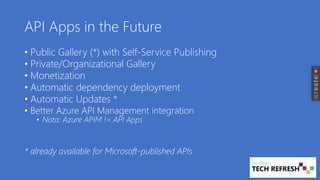 API Apps in the Future
• Public Gallery (*) with Self-Service Publishing
• Private/Organizational Gallery
• Monetization
• Automatic dependency deployment
• Automatic Updates *
• Better Azure API Management integration
• Nota: Azure APIM != API Apps
* already available for Microsoft-published APIs
 