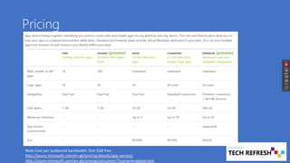 Pricing
Note Cost per outbound bandwidth, first 5GB free
http://azure.microsoft.com/en-gb/pricing/details/app-service/
http://azure.microsoft.com/en-gb/pricing/calculator/?scenario=appservice
(preview) (preview)
 