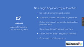 New Logic Apps for easy automation
• No code designer for rapid creation
• Dozens of pre-built templates to get started
• Out of box support for popular SaaS and on-
premises apps
• Use with custom API apps of your own
• Biztalk APIs for expert integration scenarios
• Orchestration of Microservices
Automate SaaS and
on-premises systems
LOGIC APPS
 
