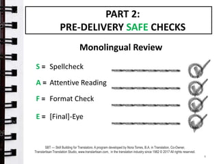 Monolingual Review
S = Spellcheck
A = Attentive Reading
F = Format Check
E = [Final]-Eye
4
PART 2:
PRE-DELIVERY SAFE CHECK...