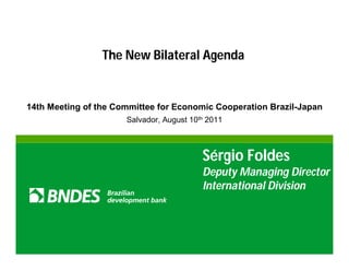 The New Bilateral Agenda


14th Meeting of the Committee for Economic Cooperation Brazil-Japan
                      Salvador, August 10th 2011



                                          Sérgio Foldes
                                          Deputy Managing Director
                                          International Division
 
