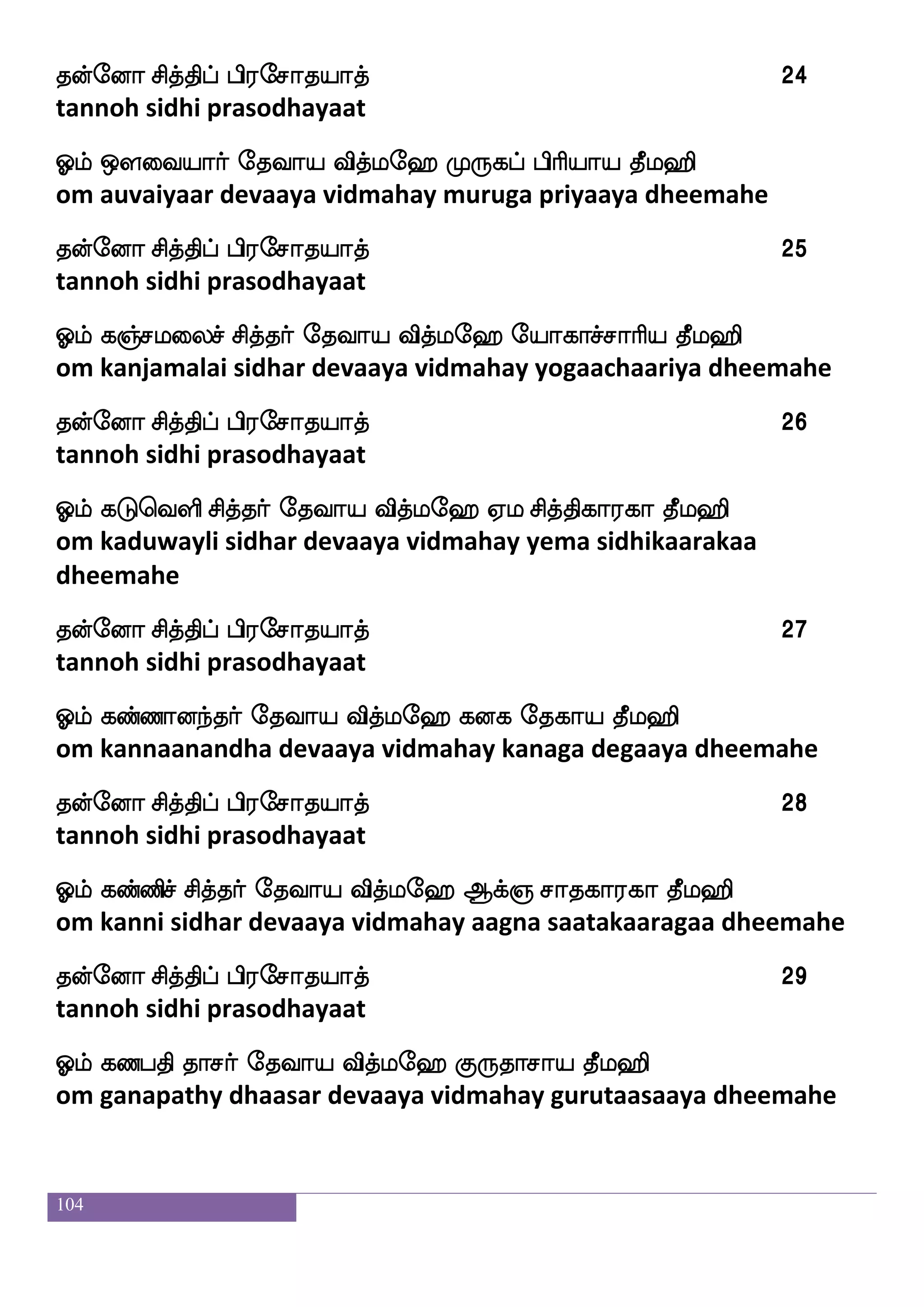 104
kofeoa mskfkshf hs;emakpakf 12
tannoh sidhi prasodhayaat
Clf Fksk l>as`s iskfle> i:b ekiap kql>s
om adhita maharishi devaaya vidmahay varuna devaaya dheemahe
kofeoa mskfkshf hs;emakpakf 13
tannoh sidhi prasodhayaat
Clf Akfe;p ljas`s ekiap iskfle> ks:iufusejbs kql>s
om aatreya maharishi devaaya vidmahay thiruvallikeni dheemahe
kofeoa mskfkshf hs;emakpakf 14
tannoh sidhi prasodhayaat
Clf AMiaupo ljas`s iskfle> isMialskfks; Hkf;ap kql>s
om aasuvaalayana maharishi devaaya vidmahay vishuvaamitra
putraaya dheemahe
kofeoa mskfkshf hs;emakpakf 15
tannoh sidhi prasodhayaat
Clf Aonfk mskfkaf ekiap iskfle> LjfkaH; m]fma; kql>s
om aanandha sidhar devaaya vidmahay muktaapura sanchaara
dheemahe
kofeoa mskfkshf hs;emakpakf 16
tannoh sidhi prasodhayaat
Clf Sdgjfjagaf ekiap iskfle> Fbfbaldu m]fma; kql>s
om edaikaadar devaaya vidmahay annaamalai sanchaara dheemahe
kofeoa mskfkshf hs;emakpakf 17
tannoh sidhi prasodhayaat
Clf S;alus_fj mals ekiap iskfle> e<aks wma=hap kql>s
om raamalinga saamy devaaya vidmahay jhoti sorubaaya dheemahe
 
