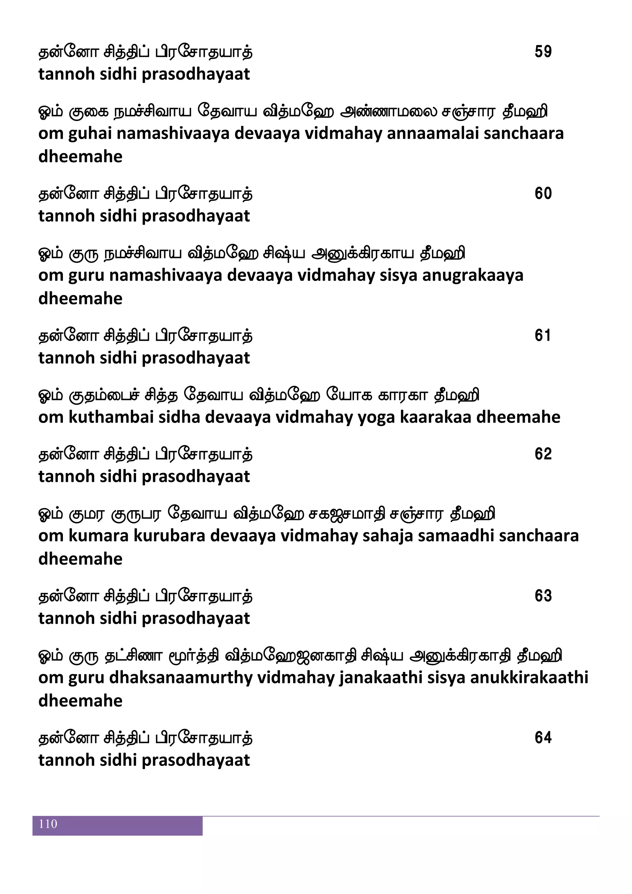 110
Clf jakfp ljas`s ekiap iskfle> jakfpapos jafkfka kql>s
om kaatya maharishi devaaya vidmahay kaatyaayani kartaa
dheemahe
kofeoa mskfkshf hs;emakpakf 48
tannoh sidhi prasodhayaat
Clf jahau ljas`s ekiap iskfle> :kf; ekiap kql>s
om kaabaala maharishi devaaya vidmahay rudra devaaya dheemahe
kofeoa mskfkshf hs;emakpakf 49
tannoh sidhi prasodhayaat
Clf jaafjfejp ljas`s ekiap iskfle> Fjkfksp hjfkap kql>s
om kaarkeya maharishi devaaya vidmahay agathiya bhaktaaya
dheemahe
kofeoa mskfkshf hs;emakpakf 50
tannoh sidhi prasodhayaat
Clf jaafkfksejp ljas`s ekiap iskfle> jaafkfksejp hjfkap kql>s
om kaarthikeya maharishi devaaya vidmahay kaarthikeya bhaktaaya
dheemahe
kofeoa mskfkshf hs;emakpakf 51
tannoh sidhi prasodhayaat
Clf jaui ljas`s ekiap iskfle> isMialskfks; ms`fpap kql>s
om kaalava maharishi devaaya vidmahay visuvaamitra sisyaaya
dheemahe
kofeoa mskfkshf hs;emakpakf 52
tannoh sidhi prasodhayaat
Clf jus_fjnak ljas`s ekiap iskfle> wma=hap kql>s
om kalinganaadha maharishi devaaya vidmahay sorubaaya
dheemahe
 