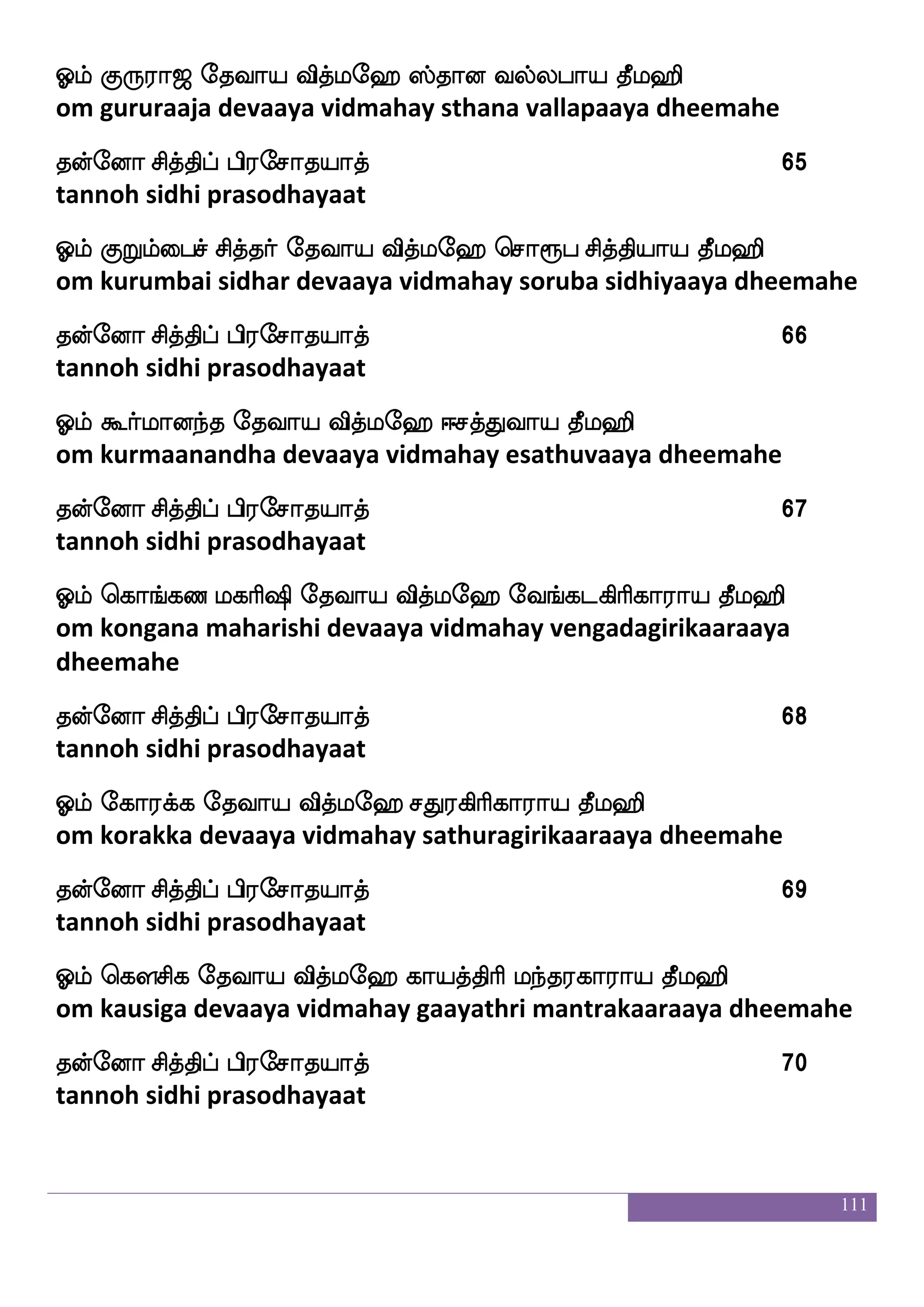 111
kofeoa mskfkshf hs;emakpakf 53
tannoh sidhi prasodhayaat
Clf jay ljas`s ekiap iskfle> hs;lfl wma=hap kql>s
om kaala maharishi devaaya vidmahay brahma sorubaaya dheemahe
kofeoa mskfkshf hs;emakpakf 54
tannoh sidhi prasodhayaat
Clf jbfh ljas`s ekiap iskfle> e<aks wma=hap kql>s
om kanba maharishi devaaya vidmahay jhoti sorubaaya dheemahe
kofeoa mskfkshf hs;emakpakf 55
tannoh sidhi prasodhayaat
Clf jsnfk ljas`s ekiap iskfle> Jkfkauas`s hjfkap kql>s
om kintha maharishi devaaya vidmahay kuttaalarishi bhaktaaya
dheemahe
kofeoa mskfkshf hs;emakpakf 56
tannoh sidhi prasodhayaat
Clf js:K ljas`s ekiap iskfle> hs;lfl Hkf;ap kql>s
om kiruthu maharishi devaaya vidmahay brahma putraaya dheemahe
kofeoa mskfkshf hs;emakpakf 57
tannoh sidhi prasodhayaat
Clf Jmas`s ekiap iskfle> kafdh jafkfkap kql>s
om kusa rishi devaaya vidmahay tarbai karttaaya dheemahe
kofeoa mskfkshf hs;emakpakf 58
tannoh sidhi prasodhayaat
Clf Jkfmjas`s ekiap iskfle> kokkfkof ;gf`ja kql>s
om kutsaga rishi devaaya vidmahay tanatatthan ratchagaa dheemahe
 