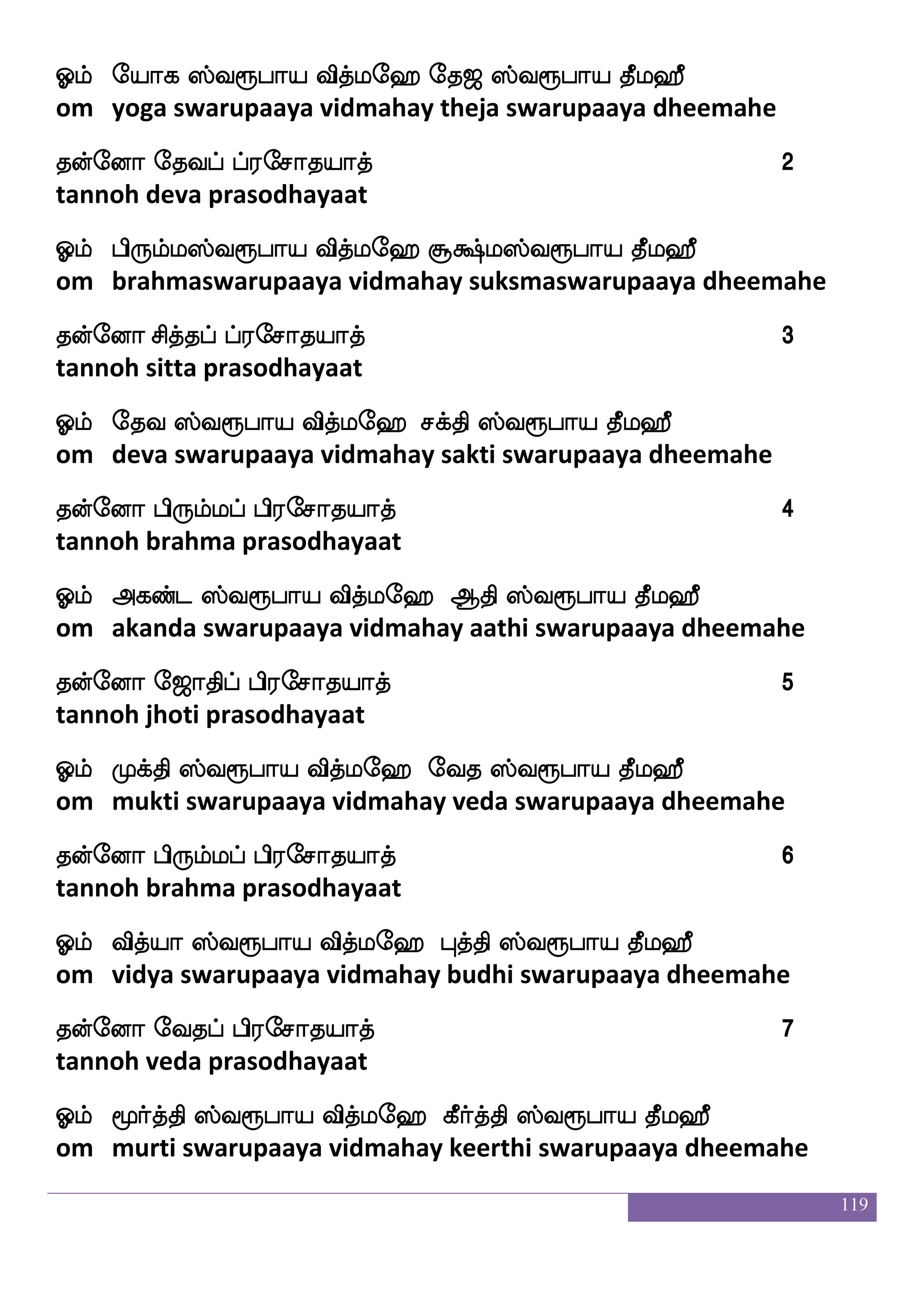 119
kofeoa mskfkshf hs;emakpakf 98
tannoh sidhi prasodhayaat
Clf Mnfk;aonfk ekiap iskfle> habfx m]fma; kql>s
om sundaraanantha devaaya vidmahay paandi sanchaara dheemahe
kofeoa mskfkshf hs;emakpakf 99
tannoh sidhi prasodhayaat
Clf Mnfk;cafkfks ekiap iskfle> ]aoja;jap kql>s
om sundaramoorthy devaaya vidmahay gnanakaarakaaya dheemahe
kofeoa mskfkshf hs;emakpakf 100
tannoh sidhi prasodhayaat
Clf vkLosiaf ekiap iskfle> epajhf hsaspap kql>s
om suthamunivar devaaya vidmahay yoga priyaaya dheemahe
kofeoa mskfkshf hs;emakpakf 101
tannoh sidhi prasodhayaat
Clf vuLosiaf ekiap iskfle> ]ao ja;jap kql>s
om sulamunivar devaaya vidmahay gnanakaarakaaya dheemahe
kofeoa mskfkshf hs;emakpakf 102
tannoh sidhi prasodhayaat
Clf emjfjs[ ekiap iskfle> mnfnspams hsaspap kql>s
om sekila devaaya vidmahay sanniyaasi priyaaya dheemahe
kofeoa mskfkshf hs;emakpakf 103
tannoh sidhi prasodhayaat
Clf emK ekiap iskfle> epajamfmaaspap kql>s
om sethu devaaya vidmahay yogaachaariyaaya dheemahe
kofeoa mskfkshf hs;emakpakf 104
tannoh sidhi prasodhayaat
 