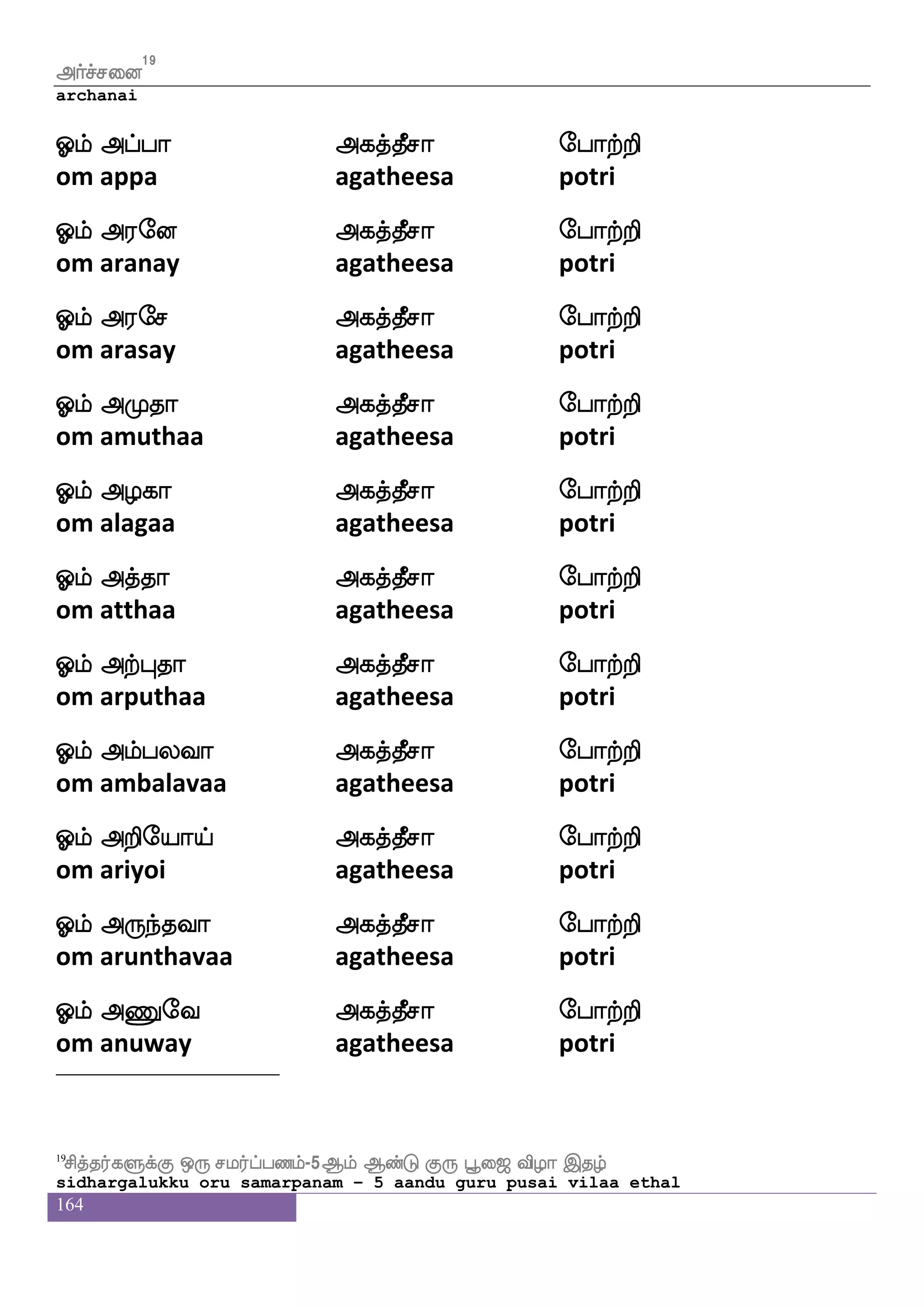 164
Clf h]fmagfm; =hel ehatfts
om panchatchara roopamay potri
Clf h;sI jagfGhie; ehatfts
om parivu kaathubavaray potri
Clf Mnfk; nuf lokfekapf ehatfts
om sundara nalmanathoi potri
Clf nqyf Lx k;skfekapf ehatfts
om neel mudi tharithoi potri
Clf witftsdp F:yfeiapf ehatfts
om vetriyai arulvoi potri
Clf kqgfmsklf F:yfeiapf ehatfts
om theechitam arulvoi potri
Clf ljsdldp F:yfeiapf ehatfts
om magimaiyai arulvoi potri
Clf Fofeh msilf Wo jbfegapf ehatfts
om anbay sivam yena kandoi potri
Clf manfkkfdk Fyshfhapf ehatfts
om santhathai alipaai potri
Clf Wufdupsufua j:dbep ehatfts
om yellai ellaa karunaiye potri
Clf Pj_fjyf hu jbfgapf ehatfts
om yugangal pala kandaai potri
Clf eki:lf ib_fJlf ekei ehatfts
om devarum vanangum deway potri
Clf wh:i[s F:yfeiapf ehatfts
om peru vali arulvoi potri
 