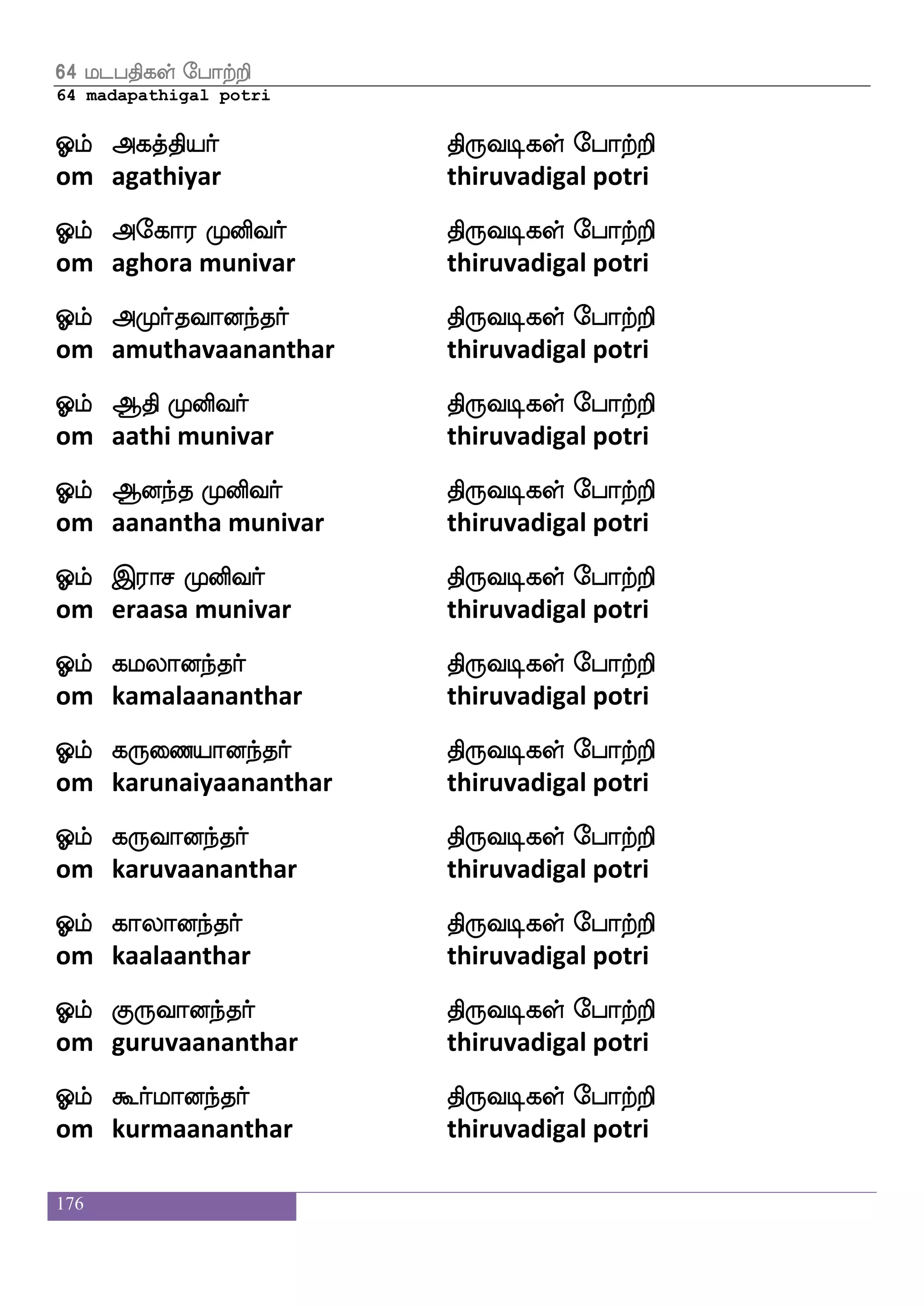 176
Clf mekajnakaf Woft epajmf mskfkaf ks:ixjyf ehatfts
om sathoganaathar yendra yoga siddhar thiruvadigal potri
Clf mkfkspnakaf Woft ]aomf mskfkaf ks:ixjyf ehatfts
om sathyanaathar yendra gnana siddhar thiruvadigal potri
Clf lak_fjnakaf ks:ixjyf ehatfts
om maatanganaathar thiruvadigal potri
Clf lmfemnfks;nakaf Woft wnabfxmf mskfkaf ks:ixjyf ehatfts
om machendiranaathar yendra nondi siddharthiruvadigal potri
Clf wiJysnakw;ofOlf wlyomf mskfkaf ks:ixjyf ehatfts
om vegulinaathar yennum mavuna siddhar thiruvadigal potri
18 mskfkafjyf ehatfts
18 sidhargal potri
Clf Fjkfkspaf ks:ixjyf ehatfts
om agathiyar thiruvadigal potri
Clf Fjhfdhpaff ks:ixjyf ehatfts
om agapayar thiruvadigal potri
Clf F{jbfbaff ks:ixjyf ehatfts
om alukannar thiruvadigal potri
Clf Sdgjfjagaf ks:ixjyf ehatfts
om edaikkaadar thiruvadigal potri
Clf j:@;aaf ks:ixjyf ehatfts
om karuvuraar thiruvadigal potri
Clf jaua_fjs ks:ixjyf ehatfts
om kaalangi thiruvadigal potri
Clf Jklfdhpaf ks:ixjyf ehatfts
om kudampayar thiruvadigal potri
 