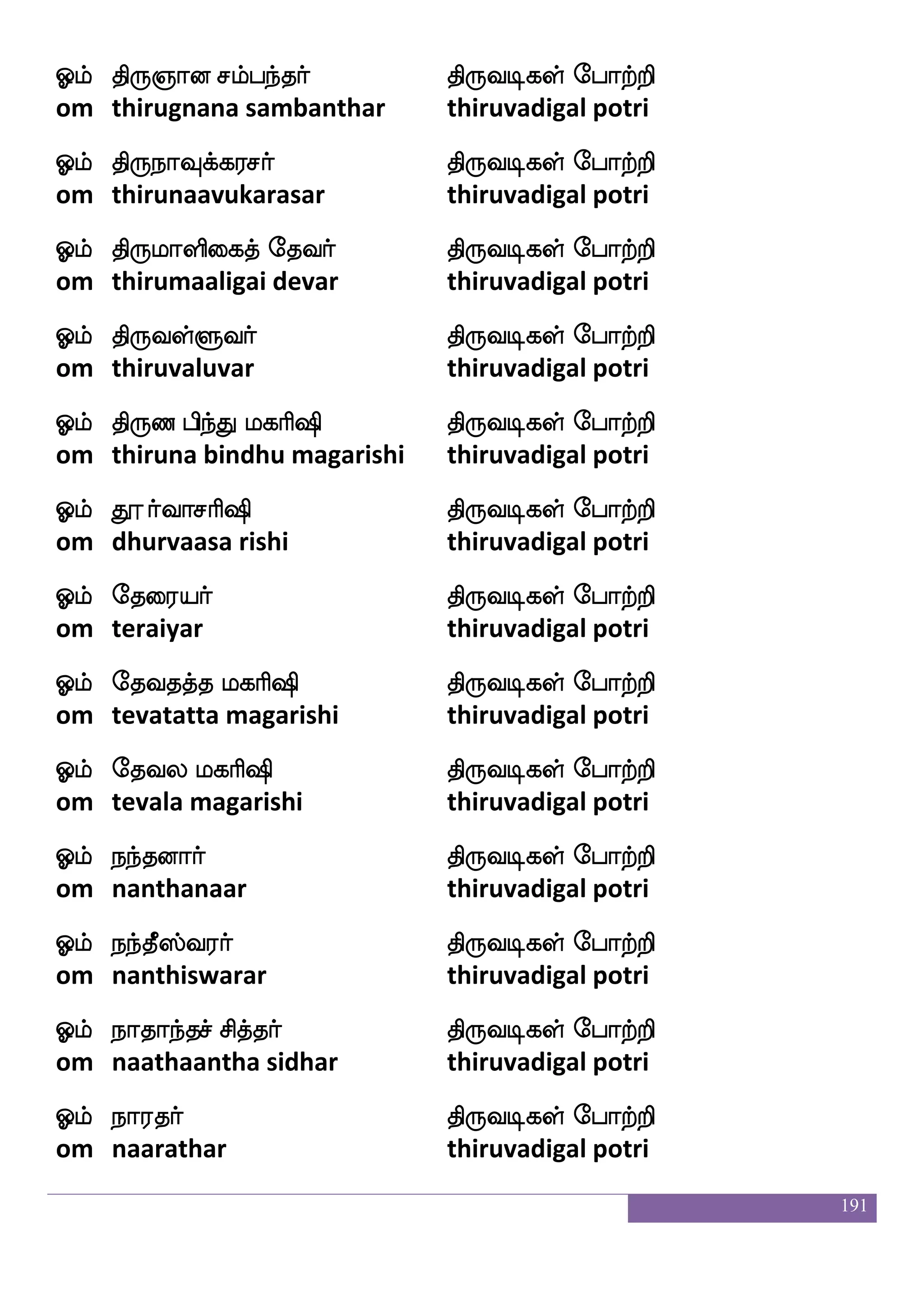 191
Clf vkLosiaf ks:ixjyf ehatfts
om suta munivar thiruvadigal potri
Clf vaspaonfkaf ks:ixjyf ehatfts
om suriyaananthar thiruvadigal potri
Clf vuLosiaf ks:ixjyf ehatfts
om sula munivar thiruvadigal potri
Clf emjfjs[aaf ks:ixjyf ehatfts
om saykilaar thiruvadigal potri
Clf emKLosiaf ks:ixjyf ehatfts
om saythu munivar thiruvadigal potri
Clf wma=haonfkaf ks:ixjyf ehatfts
om sowrubaananthar thiruvadigal potri
Clf emalj ljas`s ks:ixjyf ehatfts
om sowmaga magarishi thiruvadigal potri
Clf wmyoj ljas`s ks:ixjyf ehatfts
om saunaga magarishi thiruvadigal potri
Clf <lfH ljas`s ks:ixjyf ehatfts
om jambu magarishi thiruvadigal potri
Clf <oj laLosiaf ks:ixjyf ehatfts
om janaga maa munivar thiruvadigal potri
Clf <onfkoaf ks:ixjyf ehatfts
om janantanar thiruvadigal potri
Clf <oakoaf ks:ixjyf ehatfts
om janaatanar thiruvadigal potri
Clf <okfJla;af ks:ixjyf ehatfts
om janatkumarar thiruvadigal potri
 