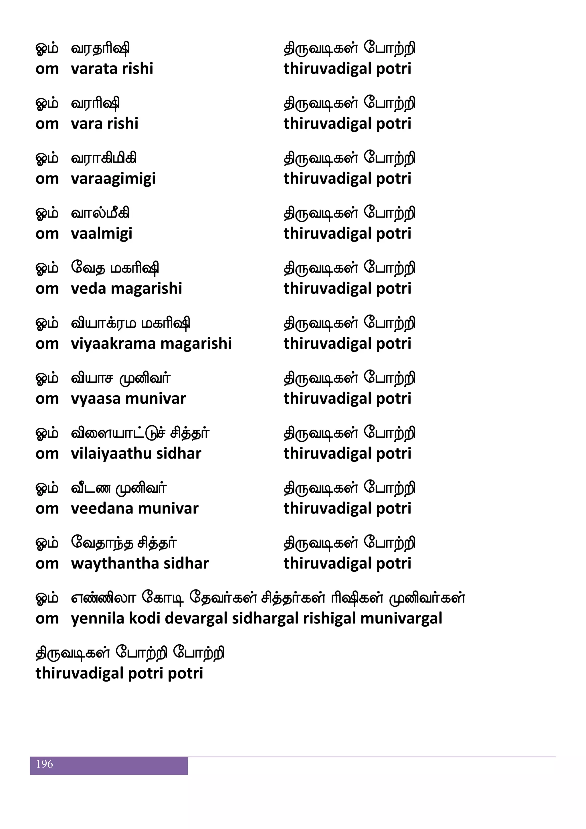 196
Clf lmfmLosiaf ks:ixjyf ehatfts
om macha munivar thiruvadigal potri
Clf l%e;maf ks:ixjyf ehatfts
om mayuresar thiruvadigal potri
Clf labsjfjiamjaf ks:ixjyf ehatfts
om maanikavaasagar thiruvadigal potri
Clf laafjbfegpaf ks:ixjyf ehatfts
om maarkandeyar thiruvadigal potri
Clf laua_fjof ks:ixjyf ehatfts
om maalaangan thiruvadigal potri
Clf lk_fj ljas`s ks:ixjyf ehatfts
om matanga magarishi thiruvadigal potri
Clf lOas`s ks:ixjyf ehatfts
om manu rishi thiruvadigal potri
Clf laq` ljas`s ks:ixjyf ehatfts
om mareesa magarishi thiruvadigal potri
Clf labfgifp ljas`s ks:ixjyf ehatfts
om maandavya magarishi thiruvadigal potri
Clf Lkfkaonfkaf ks:ixjyf ehatfts
om muthaananthar thiruvadigal potri
Clf Lkfju ljas`s ks:ixjyf ehatfts
om mutkala magarishi thiruvadigal potri
Clf wlpfjbfg ekiaf ks:ixjyf ehatfts
om maykanda devar thiruvadigal potri
Clf wlyomf mskfkaf ks:ixjyf ehatfts
om mauna sidhar thiruvadigal potri
 