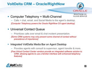 27
VoltDelta CRM – Oracle/RightNow
 Computer Telephony + Multi-Channel
– Calls + chat, email, and Social Media to the agent’s desktop.
[Computer Telephony powers the Oracle RightNow CX agent desktop]
 Universal Contact Queue
– Prioritizes calls over email & chat incident presentation.
[Some CRM systems may only present some channel of contact without
precedence of importance]
 Integrated VoltDelta Media Bar on Agent Desktop
– Provides agents with consult to supervisor, agent transfer & more.
[Few Virtual Contact Center vendors provide an integrated software solution to
CRM, allowing agents to use a familiar interface with enhanced telephony
features]
 