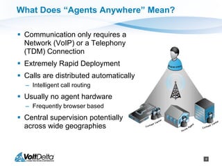 9
What Does “Agents Anywhere” Mean?
 Communication only requires a
Network (VoIP) or a Telephony
(TDM) Connection
 Extremely Rapid Deployment
 Calls are distributed automatically
– Intelligent call routing
 Usually no agent hardware
– Frequently browser based
 Central supervision potentially
across wide geographies
 