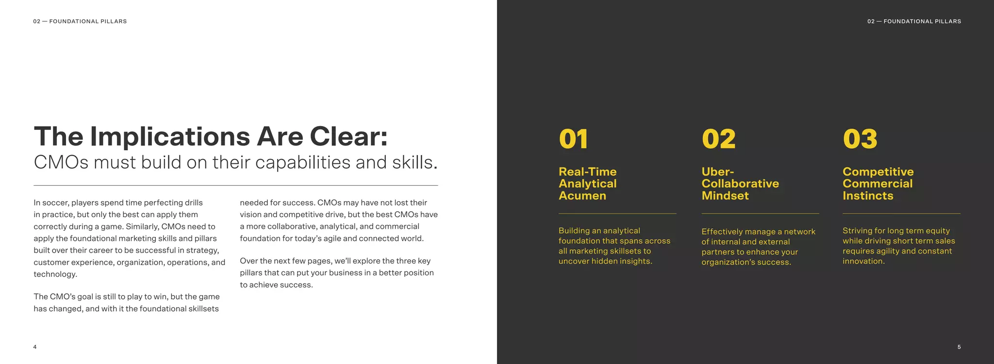 54
In soccer, players spend time perfecting drills
in practice, but only the best can apply them
correctly during a game. Similarly, CMOs need to
apply the foundational marketing skills and pillars
built over their career to be successful in strategy,
customer experience, organization, operations, and
technology.
The CMO’s goal is still to play to win, but the game
has changed, and with it the foundational skillsets
needed for success. CMOs may have not lost their
vision and competitive drive, but the best CMOs have
a more collaborative, analytical, and commercial
foundation for today’s agile and connected world.
Over the next few pages, we’ll explore the three key
pillars that can put your business in a better position
to achieve success.
The Implications Are Clear:
CMOs must build on their capabilities and skills.
02 — FOUNDATIONAL PILLARS 02 — FOUNDATIONAL PILLARS
Real-Time
Analytical
Acumen
Building an analytical
foundation that spans across
all marketing skillsets to
uncover hidden insights.
01 02 03
Uber-
Collaborative
Mindset
Effectively manage a network
of internal and external
partners to enhance your
organization’s success.
Competitive
Commercial
Instincts
Striving for long term equity
while driving short term sales
requires agility and constant
innovation.
5
 
