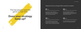 2524
The top players read the
game in real-time.
Does your strategy
keep up?
Do you have the right capabilities to
aggregate your variety of consumer data
into a holistic view of your customer to
inform future decision making?
01 —
03 —
02 —
04 —
Have you identiﬁed innovations across
the value chain, including new ways of
doing business and new platform business
models – not just in creating new products?
Do you have the ability to shift your
underlying strategy and tactics in real-time?
Do these agile moves also complement your
long term brand direction?
Is your brand sharp and strong enough to
compete in the new agile playing ﬁeld?
04 – NEXT STEPS
25
Ready to shift your strategy? More questions to explore:
 