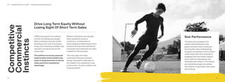 1110
02 — FOUNDATIONAL PILLARS — Competitive Commercial Instincts
11
Drive Long Term Equity Without
Losing Sight Of Short Term Sales
CMOs have gone from building
brands to building businesses.
With customers and the market
standing at the core of business
today, the marketing mandate now
requires innovating across the
value chain.
The platform economy expands
opportunities and provides new
ways of doing business to derive
value and drive competitive
advantage.
Modern marketing now decides
what represents value to
customers, orchestrates an
interchange and determines which
products and services will attract
customers and maximize the value
created for the business.
Not only does this mean
marketing inﬂuences product
design long before offerings hit
the market, but marketing is now
at the center of value creation and
revenue growth.
Competitive
Commercial
Instincts
The best soccer players ﬁrst
master the techniques of the
game, and then have to embrace
the long term play of developing
outward connections. From a direct
relationship with their fanbase to
engaging with the media, players
drive value for themselves and
ultimately their teams. This holistic
and versatile perspective allows
star players to generate more value
and revenue.
Star Performance
 