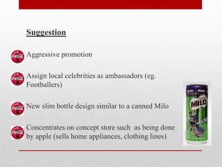 Suggestion
Aggressive promotion
Assign local celebrities as ambassadors (eg.
Footballers)
New slim bottle design similar to a canned Milo
Concentrates on concept store such as being done
by apple (sells home appliances, clothing lines)
 