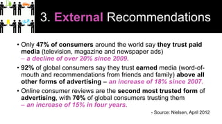 3. External Recommendations
• Only 47% of consumers around the world say they trust paid
media (television, magazine and n...