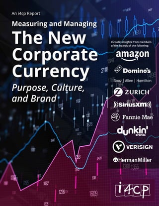 An i4cp Report
Measuring and Managing
The New
Corporate
Currency
Purpose, Culture,
and Brand
Includes insights from members
of the boards of the following:
 