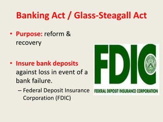 Banking Act / Glass-Steagall Act
• Purpose: reform &
recovery
• Insure bank deposits
against loss in event of a
bank failure.
– Federal Deposit Insurance
Corporation (FDIC)
 