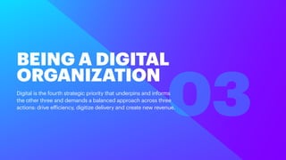 03
BEING A DIGITAL
ORGANIZATION
Digital is the fourth strategic priority that underpins and informs
the other three and de...
