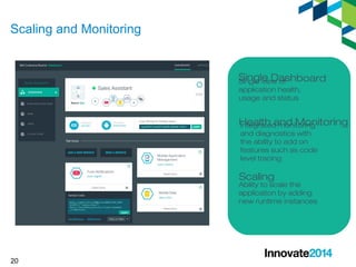 20 
Single Dashboard Single view of 
application health, 
usage and status 
HInteegarlatthe da mnodn iMtoroingn itoring 
and diagnostics with 
the ability to add on 
features such as code 
level tracing 
Scaling 
Ability to scale the 
application by adding 
new runtime instances 
Scaling and Monitoring 
 