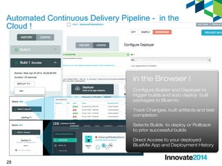 Automated Continuous Delivery Pipeline - in the 
Cloud ! 
28 
Code 
in the Browser ! 
Configure Builder and Deployer to 
trigger builds and auto deploy built 
packages to Bluemix. 
Track Changes, built artifacts and test 
completion 
Selects Builds to deploy or Rollback 
to prior successful builds 
Direct Access to your deployed 
BlueMix App and Deployment History 
 