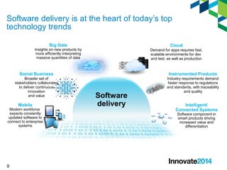 Software delivery is at the heart of today’s top 
technology trends 
9 
Software 
delivery Intelligent/ 
Connected Systems 
Software component in 
smart products driving 
increased value and 
differentiation 
Big Data 
Insights on new products by 
more efficiently interpreting 
massive quantities of data 
Cloud 
Demand for apps requires fast, 
scalable environments for dev 
and test, as well as production 
Instrumented Products 
Industry requirements demand 
faster response to regulations 
and standards, with traceability 
and quality 
Social Business 
Broader set of 
stakeholders collaborates 
to deliver continuous 
innovation 
and value 
Mobile 
Modern workforce 
expects constantly 
updated software to 
connect to enterprise 
systems 
 