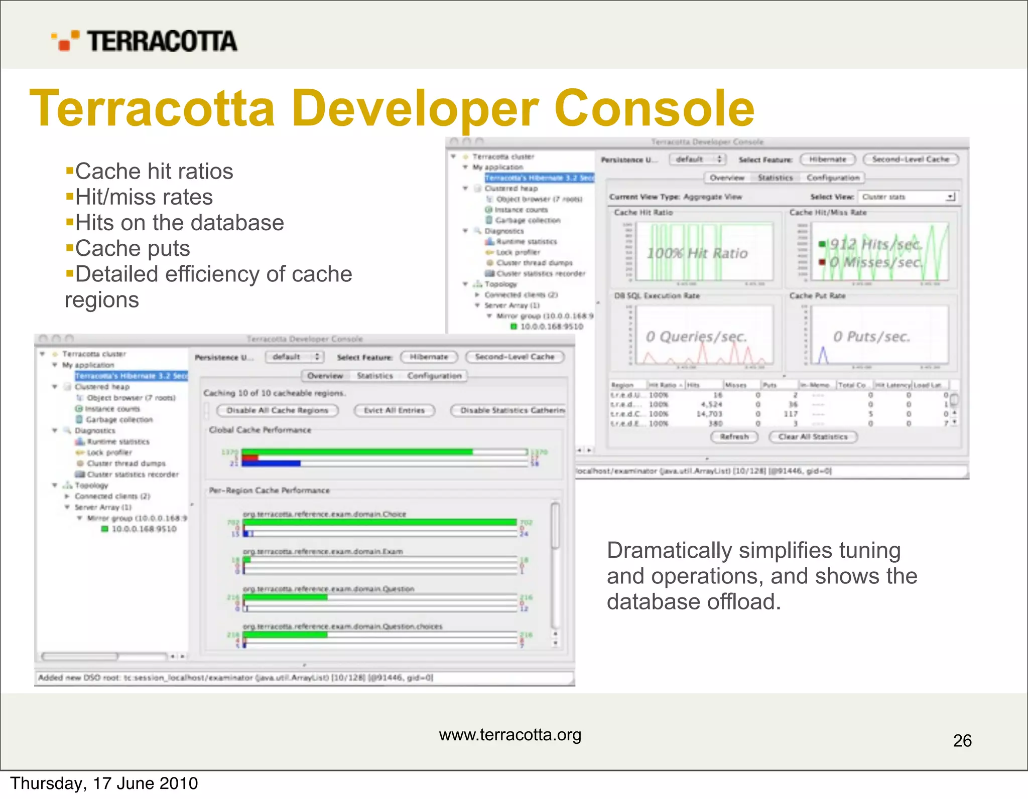 Terracotta Developer Console
      Cache hit ratios
      Hit/miss rates
      Hits on the database
      Cache puts
      Detailed efficiency of cache
      regions




                                                           Dramatically simplifies tuning
                                                           and operations, and shows the
                                                           database offload.




                                      www.terracotta.org                                    26

Thursday, 17 June 2010
 