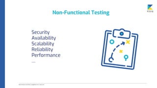 Non-Functional Testing
Security
Availability
Scalability
Reliability
Performance
…
 