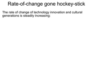 Rate-of-change gone hockey-stick  The rate of change of technology innovation and cultural generations is steadily increasing: 