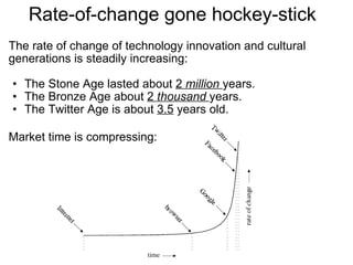 Rate-of-change gone hockey-stick  The rate of change of technology innovation and cultural generations is steadily increasing:   The Stone Age lasted about  2  million   years. The Bronze Age about  2  thousand   years. The Twitter Age is about  3.5  years old. Market time is compressing: 
