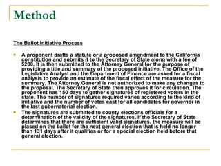 Method The Ballot Initiative Process A proponent drafts a statute or a proposed amendment to the California constitution and submits it to the Secretary of State along with a fee of $200. It is then submitted to the Attorney General for the purpose of providing a title and summary of the proposed initiative. The Office of the Legislative Analyst and the Department of Finance are asked for a fiscal analysis to provide an estimate of the fiscal effect of the measure for the summary. The Attorney General is not authorized to make any changes to the proposal. The Secretary of State then approves it for circulation. The proponent has 150 days to gather signatures of registered voters in the state. The number of signatures required varies according to the kind of initiative and the number of votes cast for all candidates for governor in the last gubernatorial election.  The signatures are submitted to county elections officials for a determination of the validity of the signatures. If the Secretary of State determines that there are sufficient valid signatures, the measure will be placed on the ballot for the next general election that is held no longer than 131 days after it qualifies or for a special election held before that general election.   