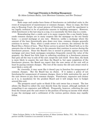 Vital Legal Principles in Building Management
By Adam Leitman Bailey, Leni Morrison Cummins, and Dov Treiman*
Foreclosures...