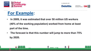 For Example:
• In 2009, it was estimated that over 50 million US workers
(40% of the working population) worked from home at least
part of the time.
• The forecast is that this number will jump to more than 75%
by 2020.
 
