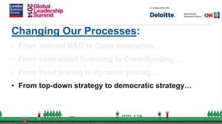 Changing Our Processes:
• From internal R&D to Open Innovation…
• From centralised financing to Crowdfunding…
• From fixed pricing to dynamic pricing…
• From top-down strategy to democratic strategy…
 